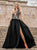 A Line Jewel Black Split Prom Dresses with Appliques