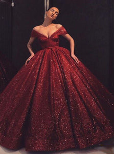 Red Off The Shoulder Sequin Ball Gown Prom Dresses LBQ0201