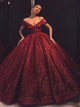 Decent Red Off The Shoulder Sequin Ball Gown Prom Dresses with Sweep Train