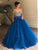 Blue Sweetheart Deep V neck Tulle Beaded Long Prom Evening Dress GJS192