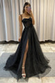 Black Tulle Lace Spaghetti Strap Long Prom Evening Dress  SMS359