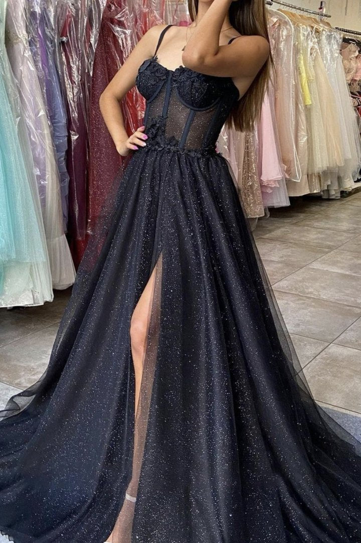 Black Tulle Lace Spaghetti Strap Long Prom Evening Dress SMS359 Alinepromdress Black Tulle Lace Spaghetti Strap Long Prom Evening Dress SMS359 Alinepromdress