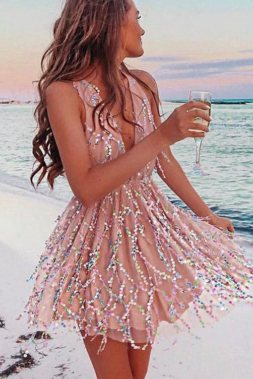 A Line Deep V Neck Champagne Short Homecoming Dresses with Beading GJS Alinepromdress A Line Deep V Neck Champagne Short Homecoming Dresses with Beading GJS Alinepromdress