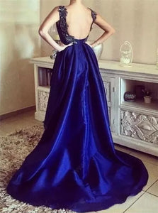 A Line Straps Satin Sleeveless Open Back Prom Dresses With Appliques