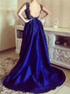 A Line Straps Satin Sleeveless Open Back Prom Dresses With Appliques