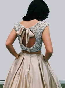 Two Piece Champagne Satin Round Neck Open Back Prom Dress with Beading Pockets LBQ0014