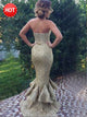 Mermaid Sweetheart Sweep Train Zipper Up Gold Sequin Prom Dresses with Ruffle