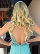 A Line V Neck Open Back Blue Chiffon Prom Dresses with Beadings