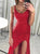 Red Sheath Scoop Sleeveless Lace Prom Dress with Beadings and Slit