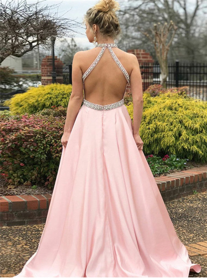 Open Back Beadings Pink Satin Prom Dresses With Pockets | Alinepromdress Open Back Beadings Pink Satin Prom Dresses With Pockets | Alinepromdress