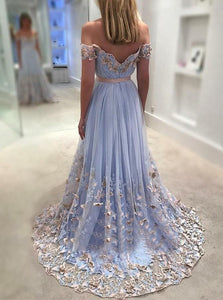A Line Light Sky Blue Tulle Prom Dresses with Appliques