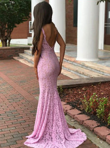 Sexy Mermaid Spaghetti Straps Backless Pink Lace Prom Dress with Split 
