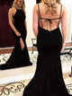 Black Spaghetti Straps Spandex Lace Up Prom Dresses with Slit and Chapel Train 