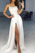 Pure White Scoop Satin Prom Dresses with Slit Side MOS12