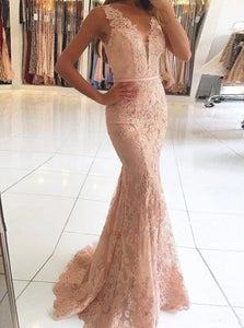 Pink Mermaid V Neck Lace Prom Dresses with Beading and Appliques 
