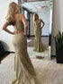 Elegant Two Piece Champagne Mermaid V-Neck Sweep Train Lace Prom Dress LBQ0031