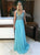 Sweep Train Blue Chiffon Prom Dresses with Beadings