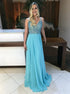 A Line V Neck Open Back Blue Chiffon Prom Dress with Beadings LBQ0267