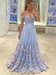  Off the Shoulder Light Sky Blue Tulle Prom Dresses with Appliques