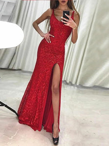 Red Sheath Scoop Sleeveless Lace Floor Length Prom Dress with Beadings