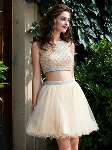 A Line Net Sleeveless Scoop Beading  Mini Champange Homecoming Dress