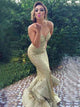 Mermaid Sweetheart Sweep Train Gold Sequin Prom Dresses with Ruffle
