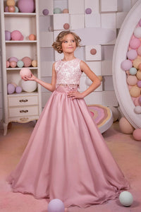 2019 Two Piece Scoop Chiffon Lace Flower Girl Dresses Sweep Train 