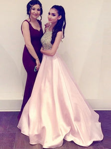A Line Halter Pink Satin Prom Dresses with Beadings Pockets