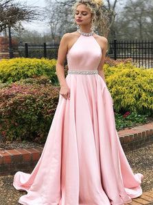  A Line Open Back Beadings Pink Prom Dresses With Pockets 