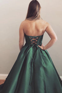 Green Satin A line Strapless Long Prom Evening Gown Dress ZXS212