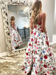 Beautiful Ball Gown  Floral Satin Strapless Ankle Length White Prom Dress