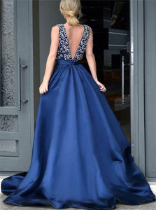 A Line Royal Blue Deep V Neck Open Back Beadings Satin Prom Dresses with Floor Length 