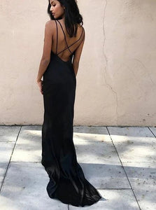 Black Sheath V Neck Criss Cross Satin Sleeveless Prom Dresses