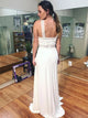 A Line Cross Neck White Chiffon Sleeveless Prom Dresses