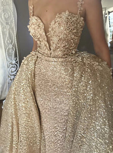 Spaghetti Straps Champagne Sequined Appliques Prom Dress with Detachable Train