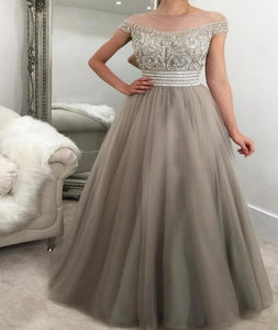Off the Shoulder A Line Tulle Grey Prom Dresses with Rhinestones 