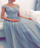 Off the Shoulder A Line Tulle Blue Prom Dresses with Rhinestones 