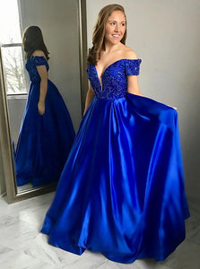 A Line Off the Shoulder Royal Blue Satin Prom Dress with Beadings LBQ0297