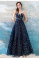 Fancy Blue A Line Sleeveless Open Back Long Prom Evening Dress ZXS481