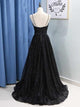 A Line Spaghetti Straps Black Sparkle Long Prom Dresses with Pockets   GJS199