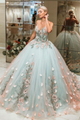 Vintage Modest Turquoise Spaghetti Strap V-Neck Floral Tulle Long Prom Dress GJS436