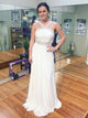 A Line Cross Neck White Chiffon Sweep Train Prom Dresses