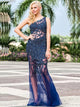 Mermaid One Shoulder Navy Blue Tulle Prom Dress with Beadings