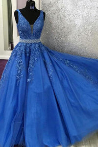 Royal Blue Lace V Neck Long Prom dresses  with Beading Belt GJS321