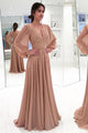 Dusty Pink Chiffon Vintage Lace Applique A Line Prom Dress with Long Sleeve GJS326