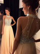 Champagne A Line High Neck Crystals Beaded Chiffon Prom Dress 