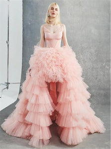 A Line High Low Pink Tulle Prom Dresses