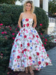 Chic Ball Gown  Floral Satin Strapless Ankle Length White Prom Dress