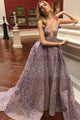 Gorgeous Lace Illusion Neck Deep V-Neck Sleeveless Ball Gown Prom Dresses GJS431