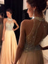 Champagne A Line High Neck Crystals Beaded Prom Dress LBQ0083